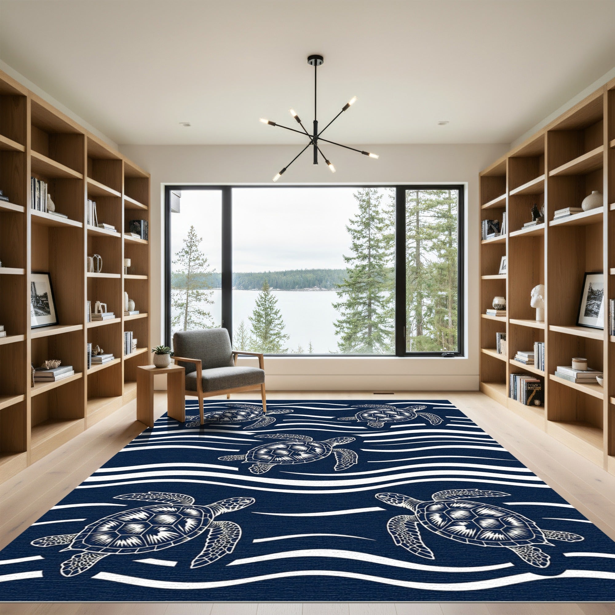 Navy Blue Sea Turtle Wave Graphic Rug