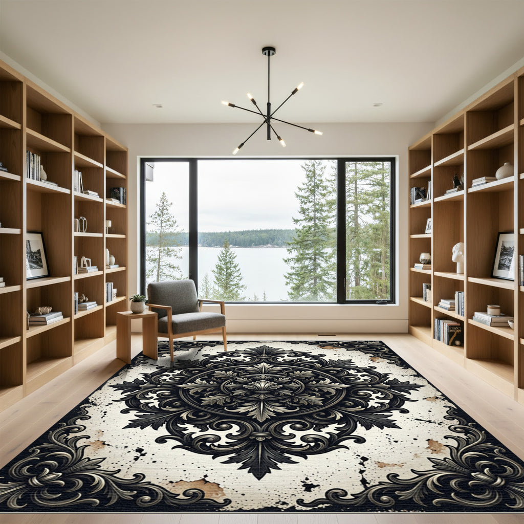 Ornate Black Cream Baroque Floral Medallion Rug