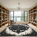 Ornate Black Cream Baroque Floral Medallion Rug