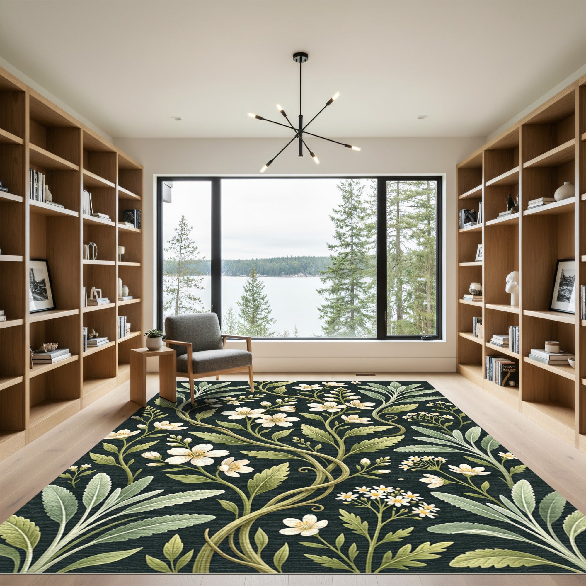 Elegant White Floral Botanical Sage Rug
