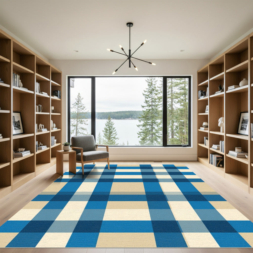 Blue and Cream Plaid Grid Rug