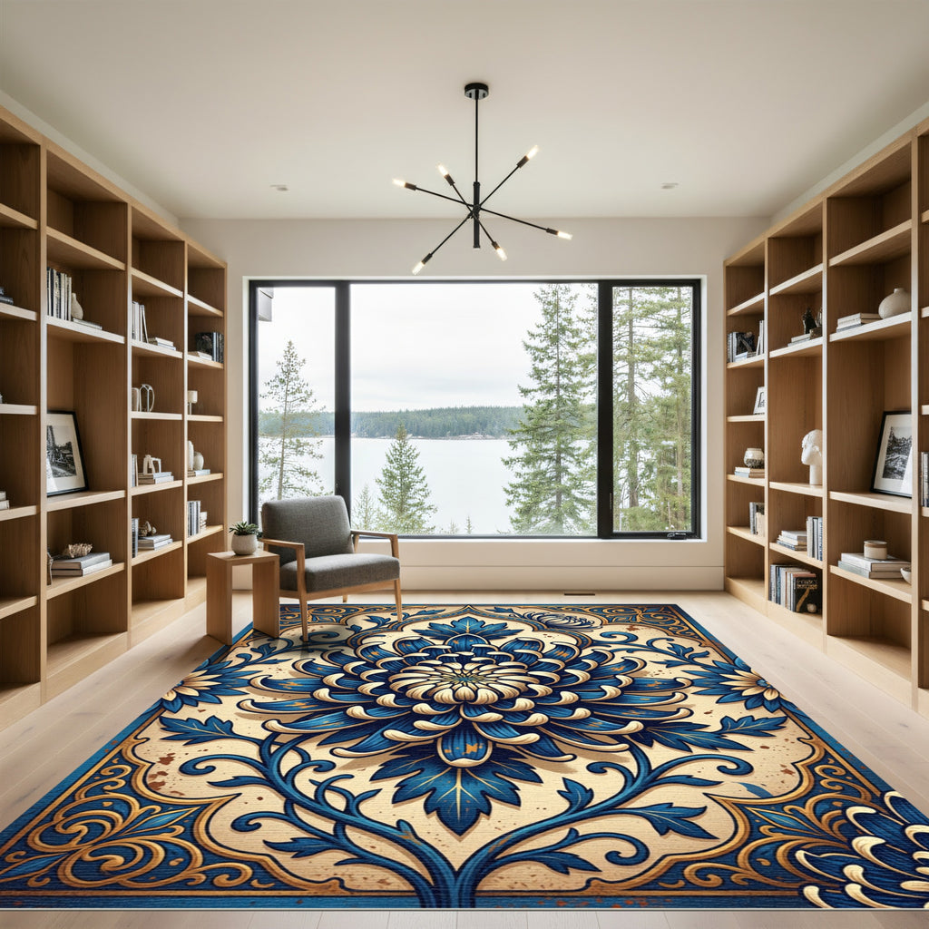 Royal Blue Golden Chrysanthemum Floral Overlay Rug