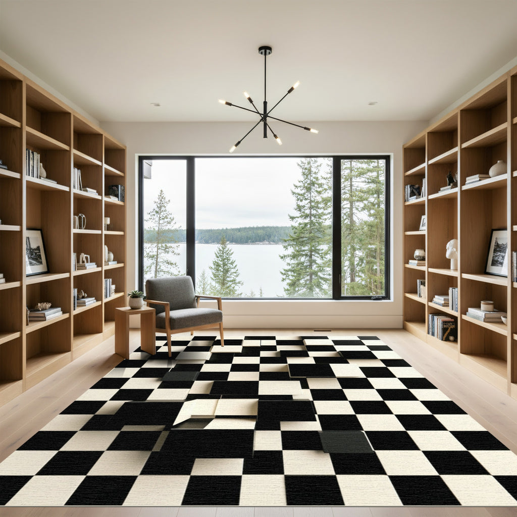 Black White Checkerboard Cube Illusion Rug