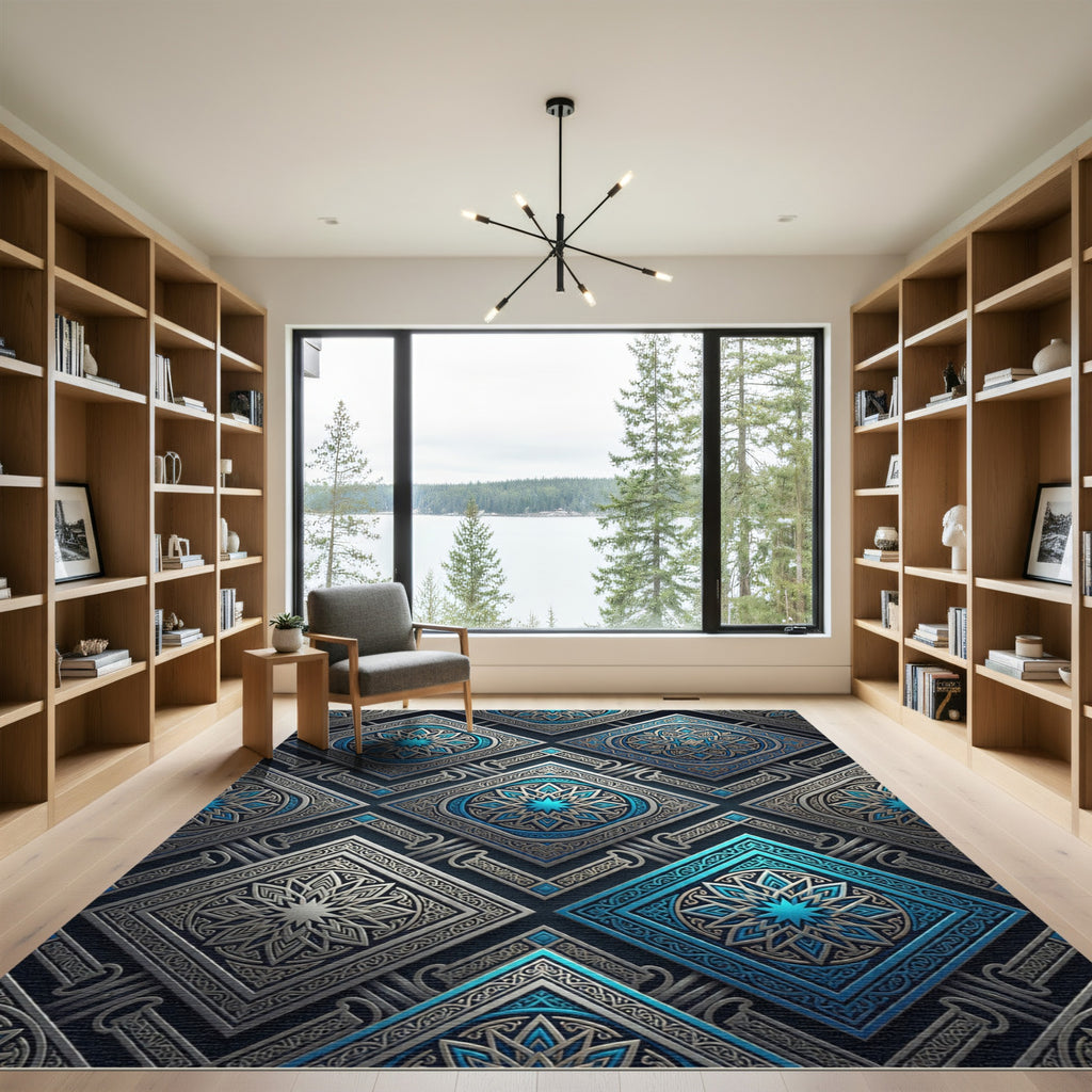 Celestial Blue Geometric Diamond Medallion Rug