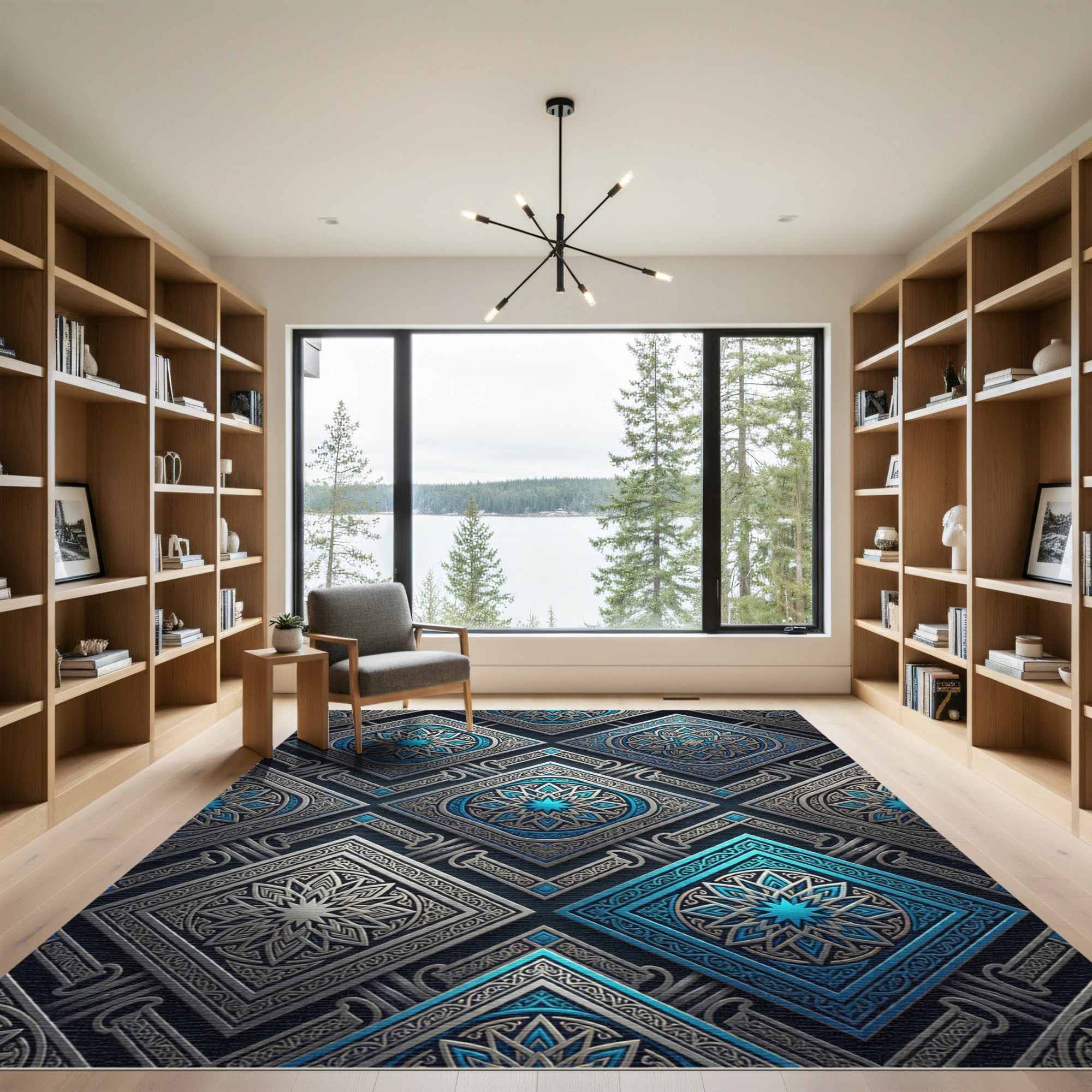 Celestial Blue Geometric Diamond Medallion Rug