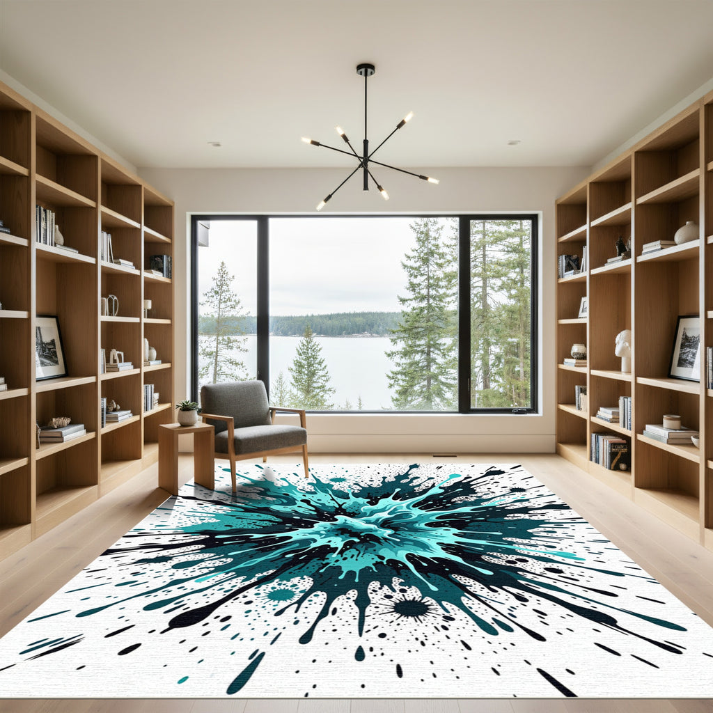 Teal and Black Abstract Liquid Splash Rug