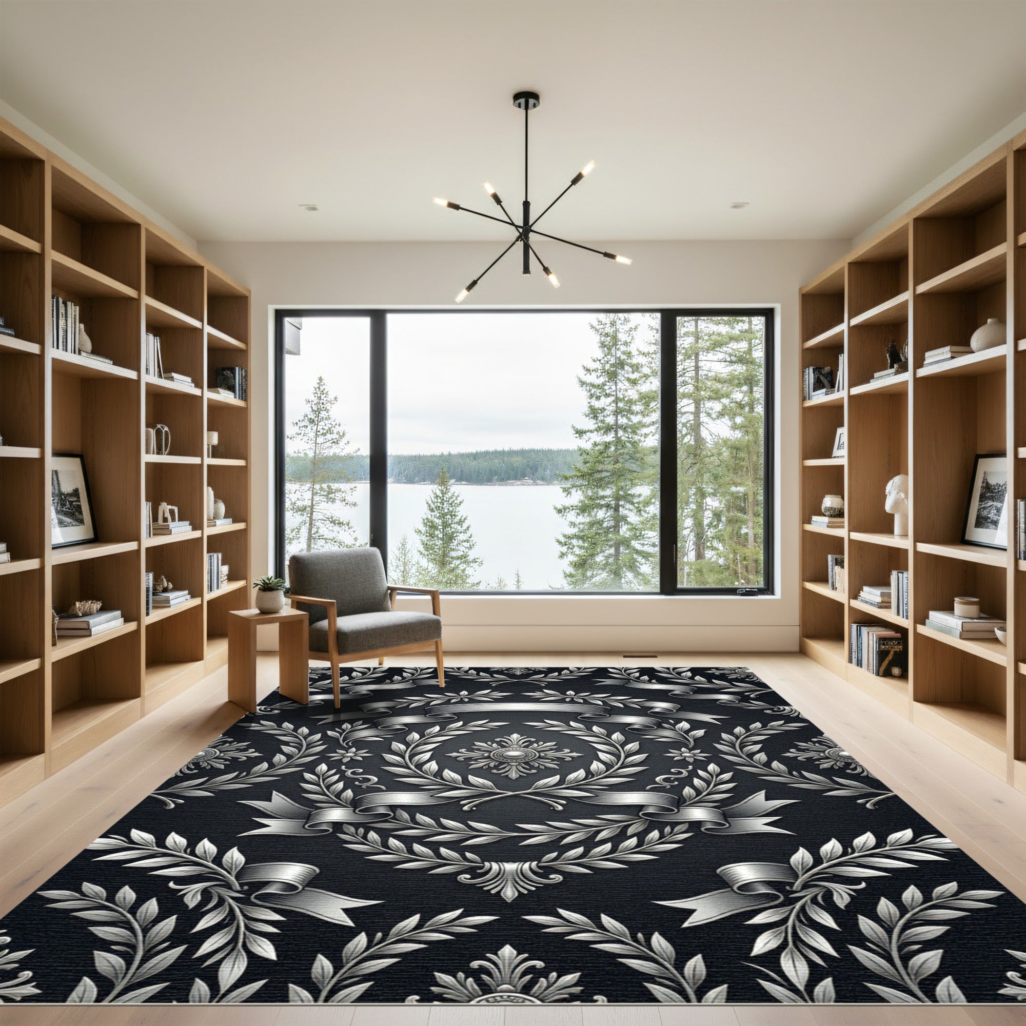 Elegant Silver Laurel Wreath Ribbons Rug