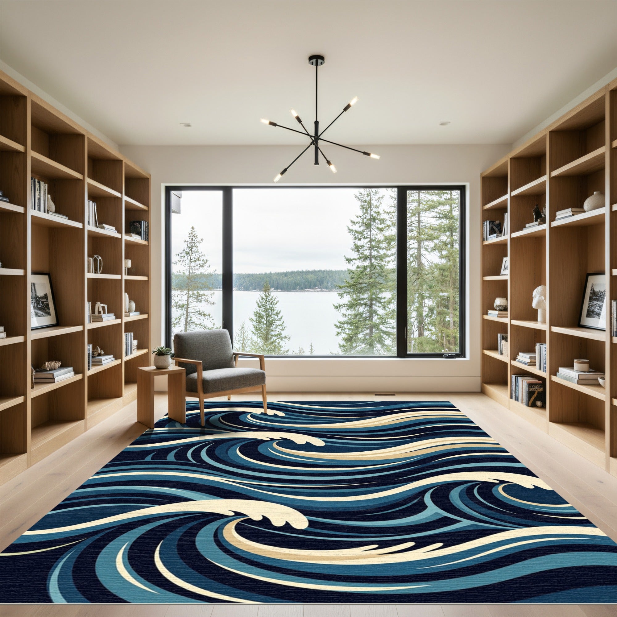 Naval Blue Swirling Water Curves Rug