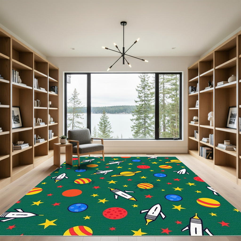 Whimsical Space Rocket And Stars Rug