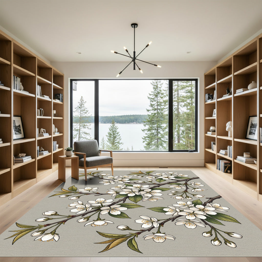 Elegant White Cherry Blossom Branch Rug
