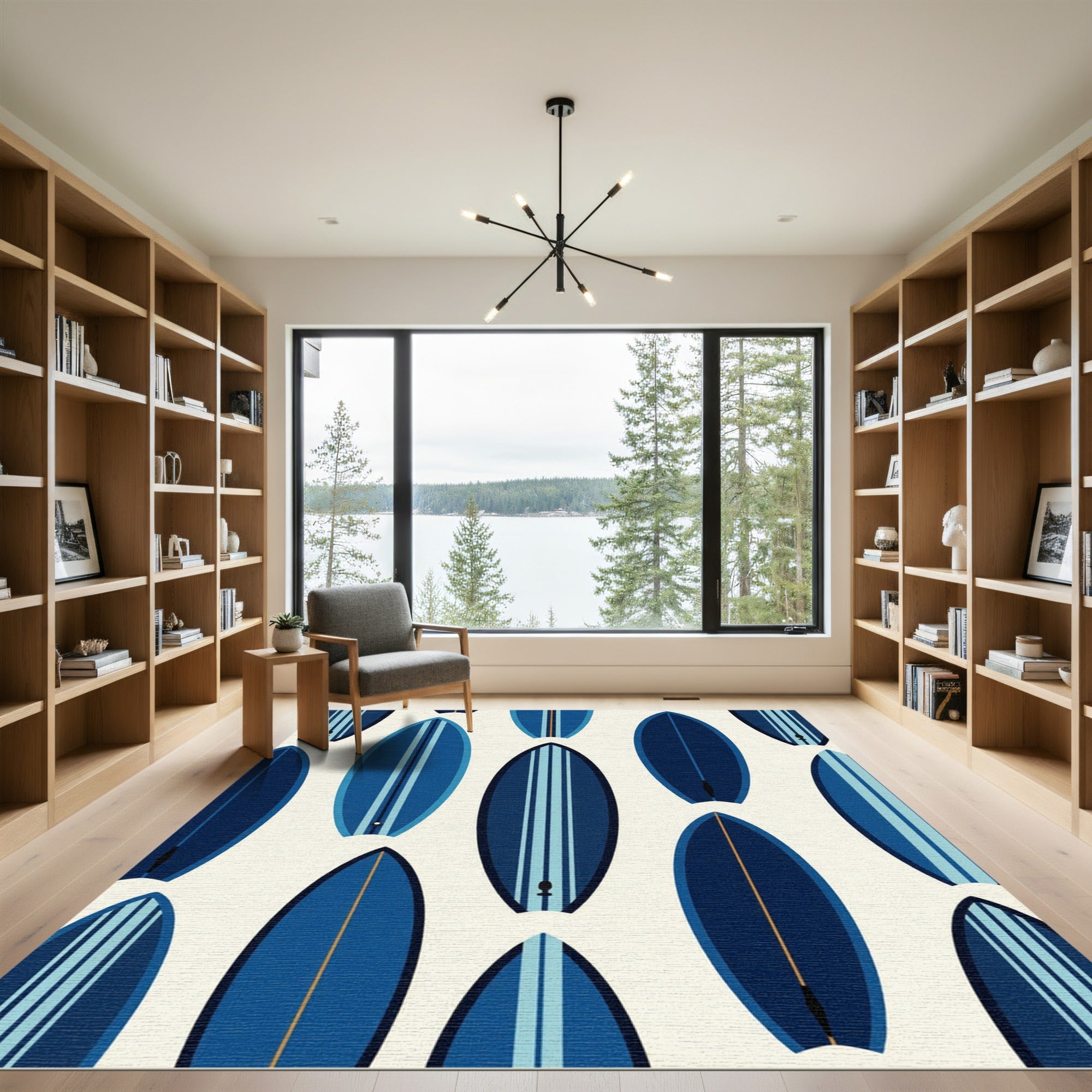 Modern Navy and Sky Blue Surfboard Rug