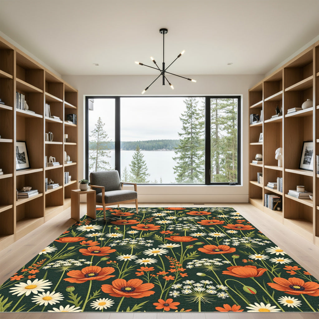 Botanical Orange Poppy Daisy Meadow Rug