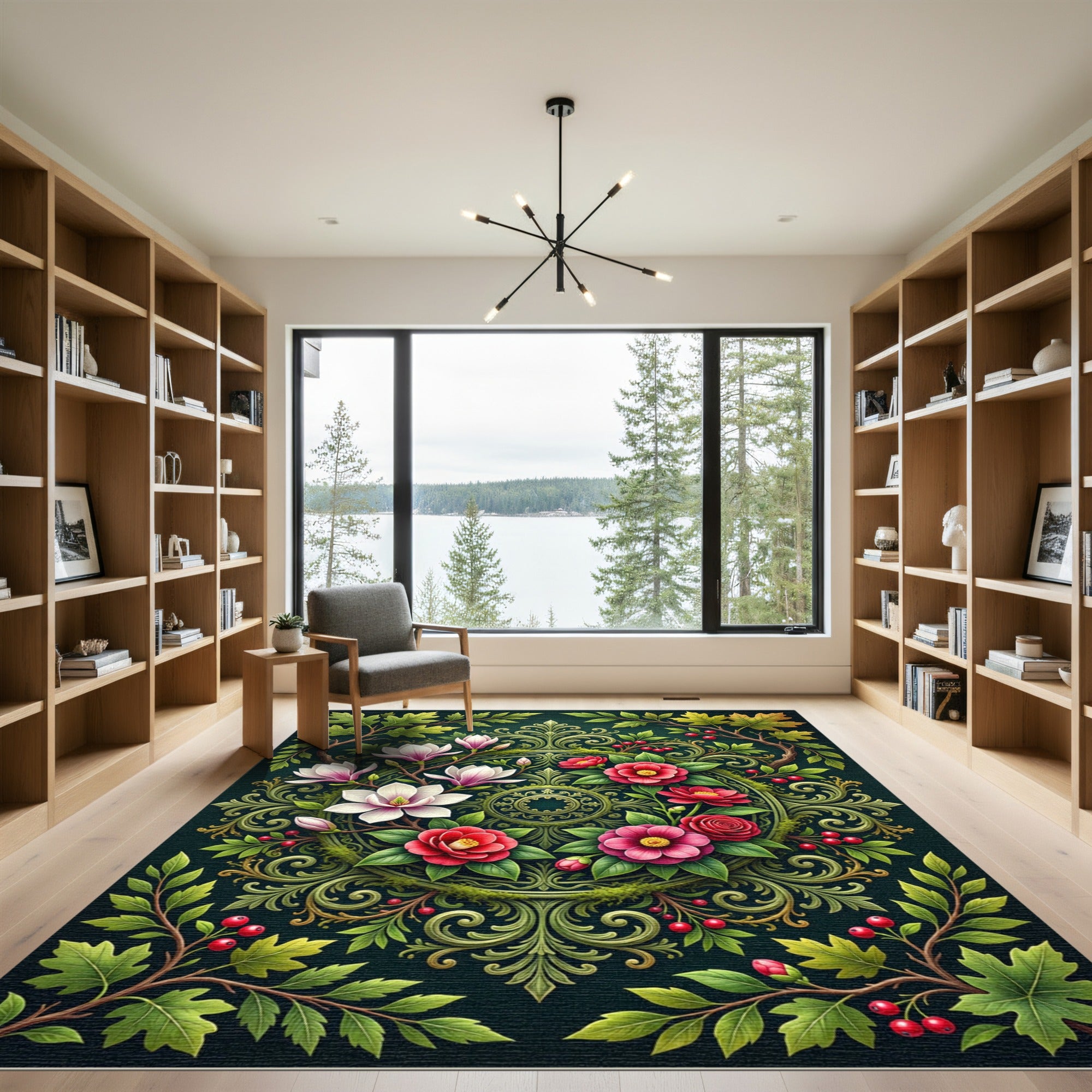 Elegant Floral Medallion Green Botanical Rug