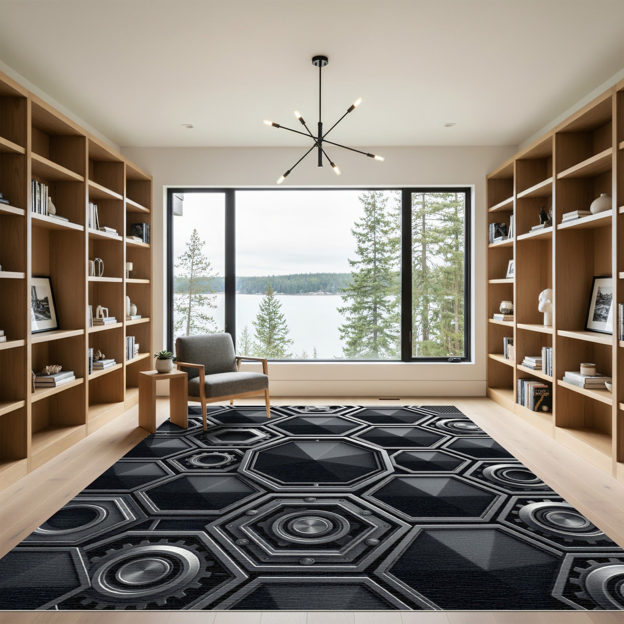 Monochrome Industrial Metallic Hexagonal Structure Rug