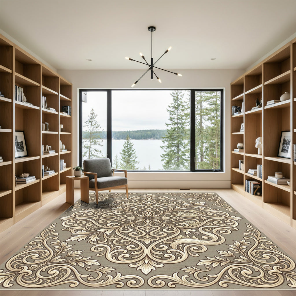 Ornate Beige Acanthus Scroll Landscape Rug