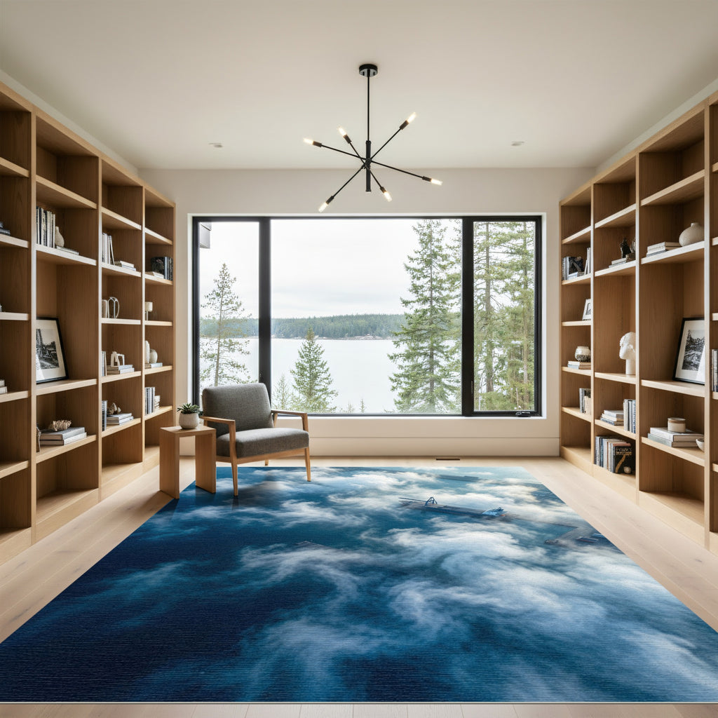 Ethereal Blue Clouds Over Maritime Port Rug