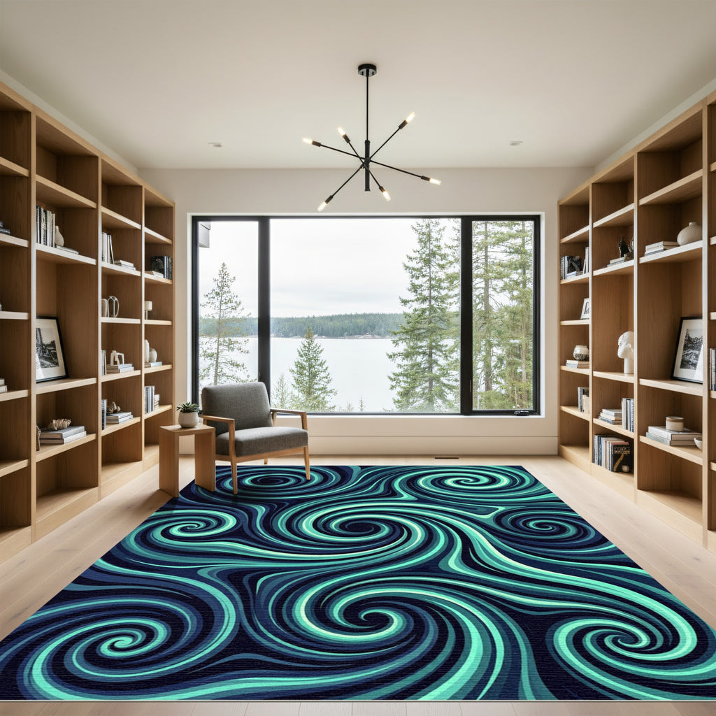 Deep Teal Abstract Fluid Wave Swirl Rug