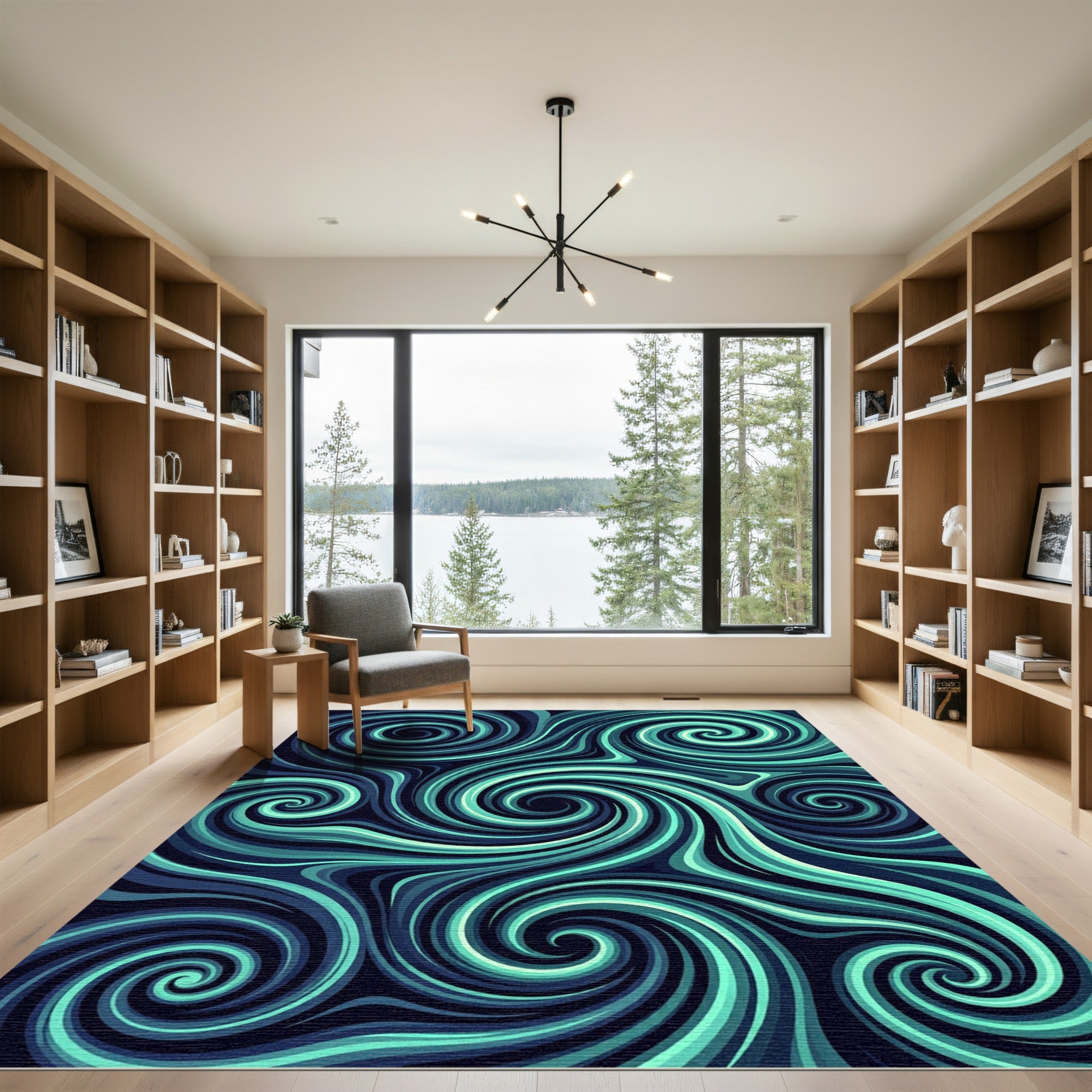 Deep Teal Abstract Fluid Wave Swirl Rug