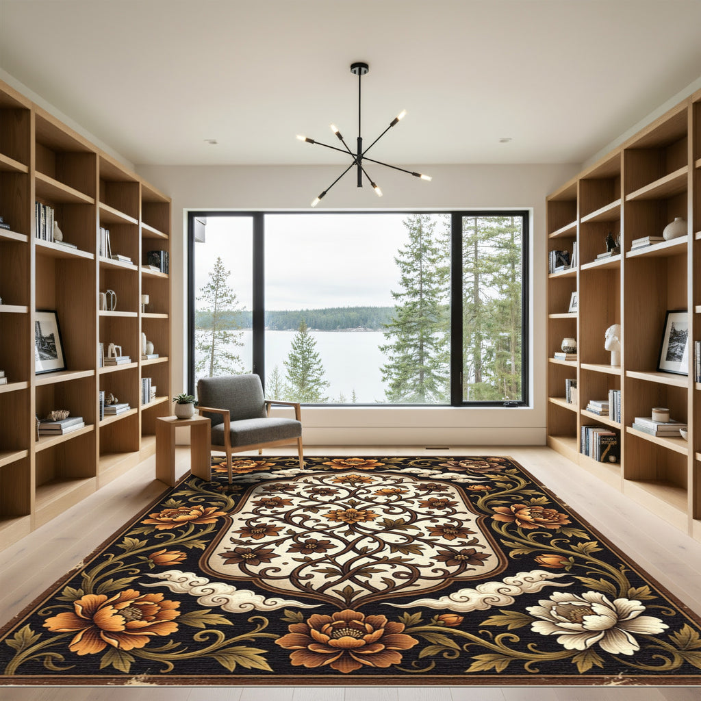 Ornate Golden Floral Scrollwork Rug