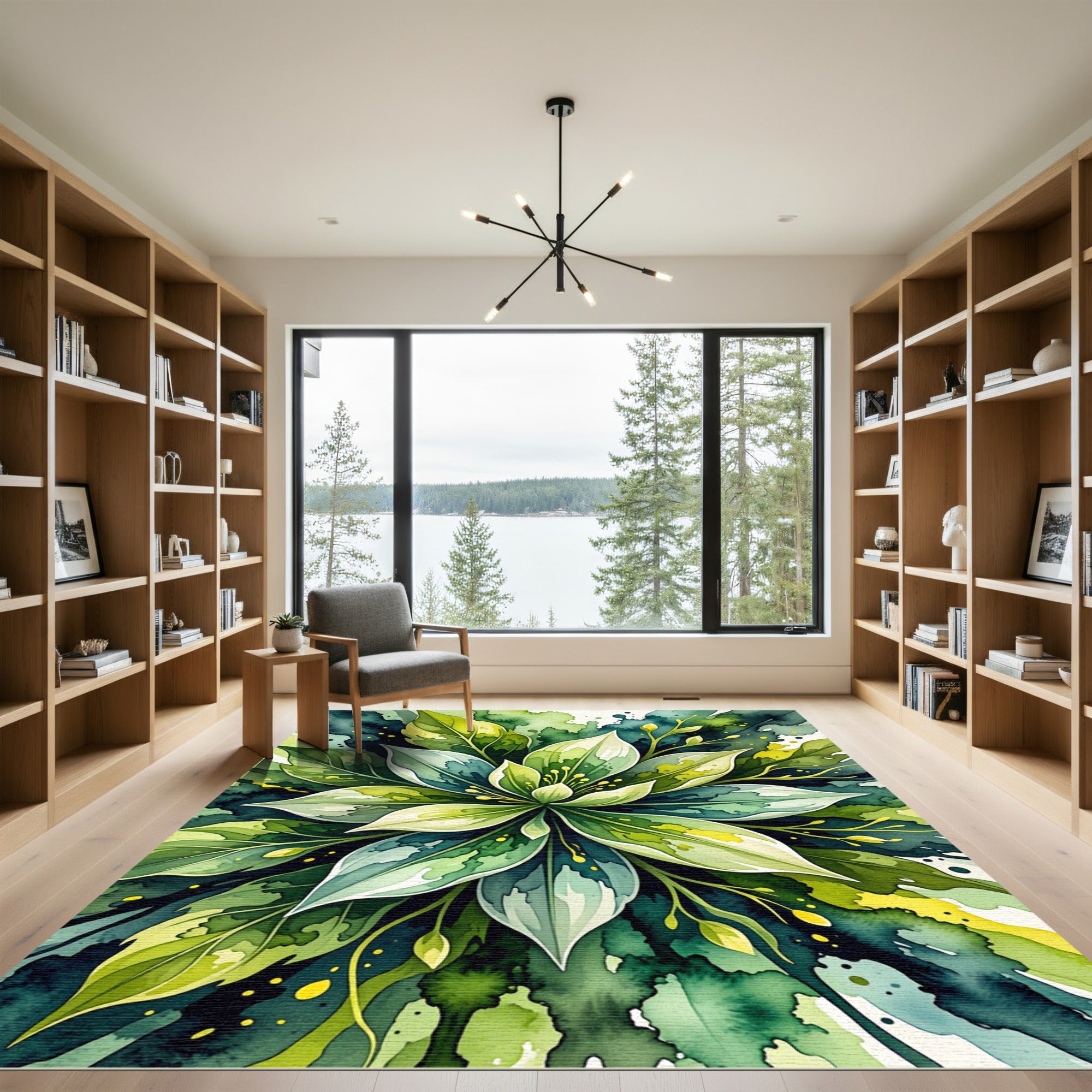 Lush Green Watercolor Leaf Burst Rug