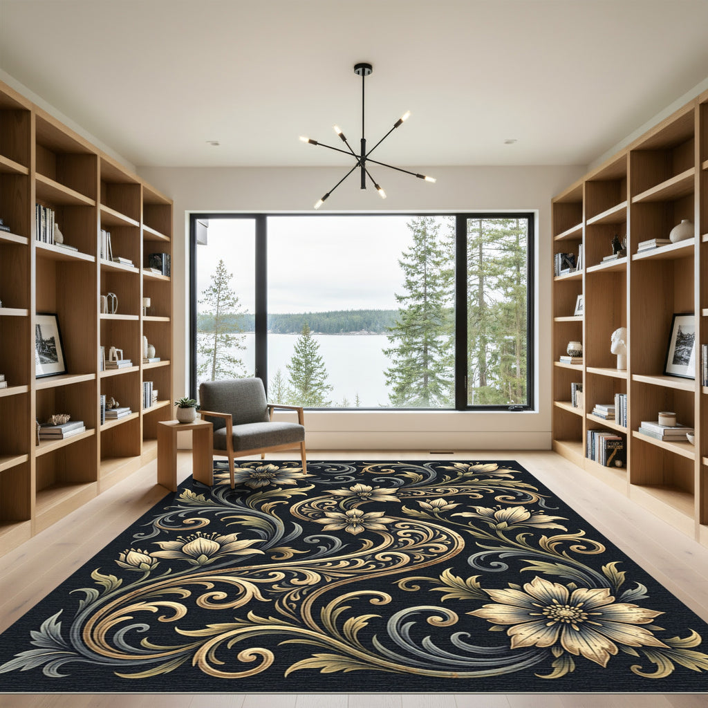 Elegant Gold Floral Swirl Botanical Rug