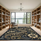 Elegant Gold Floral Swirl Botanical Rug