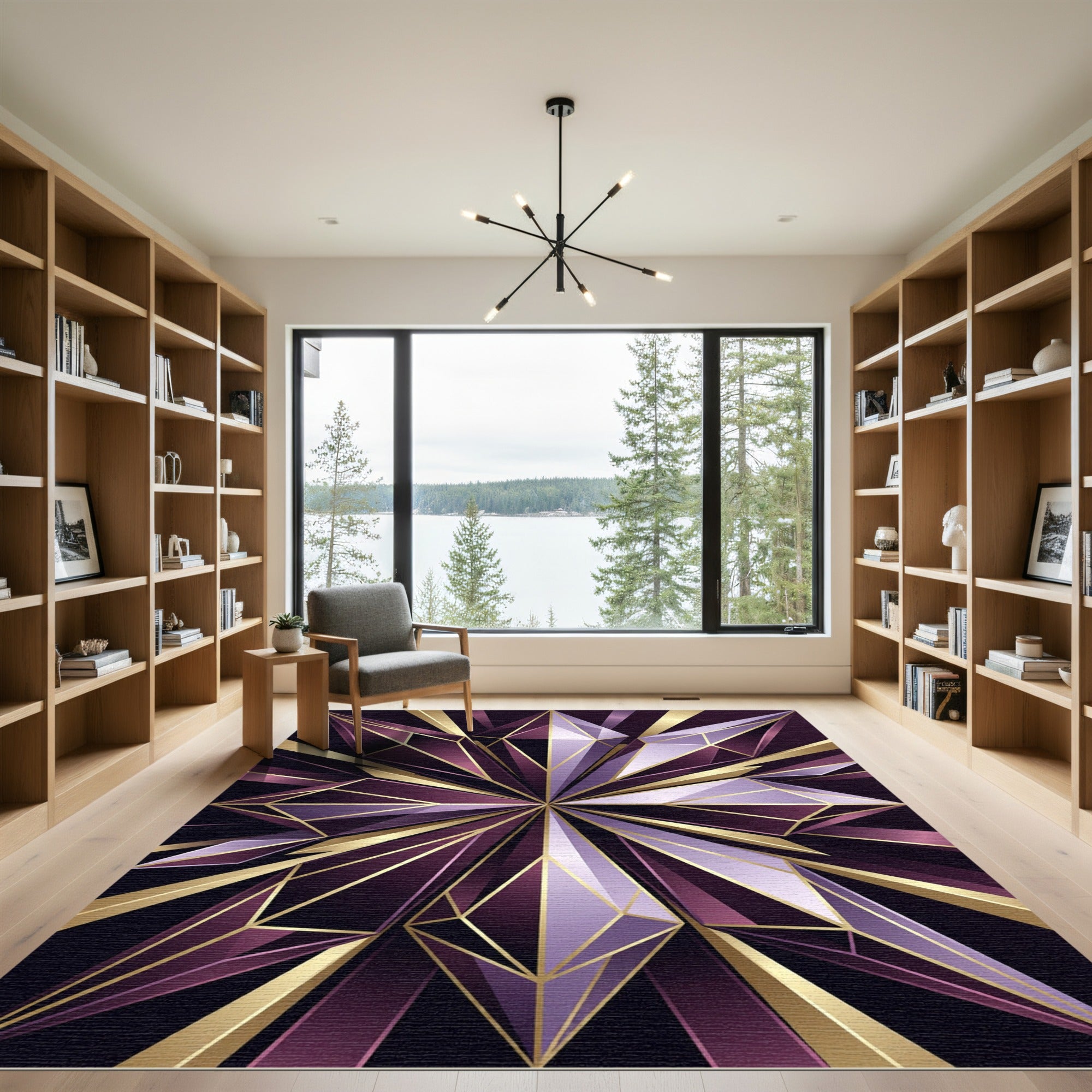 Geometric Plum and Gold Crystal Star Rug