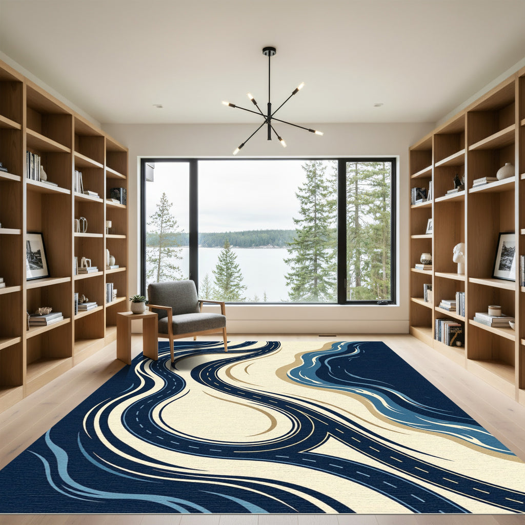 Abstract Navy Blue Winding Road Curve Rug