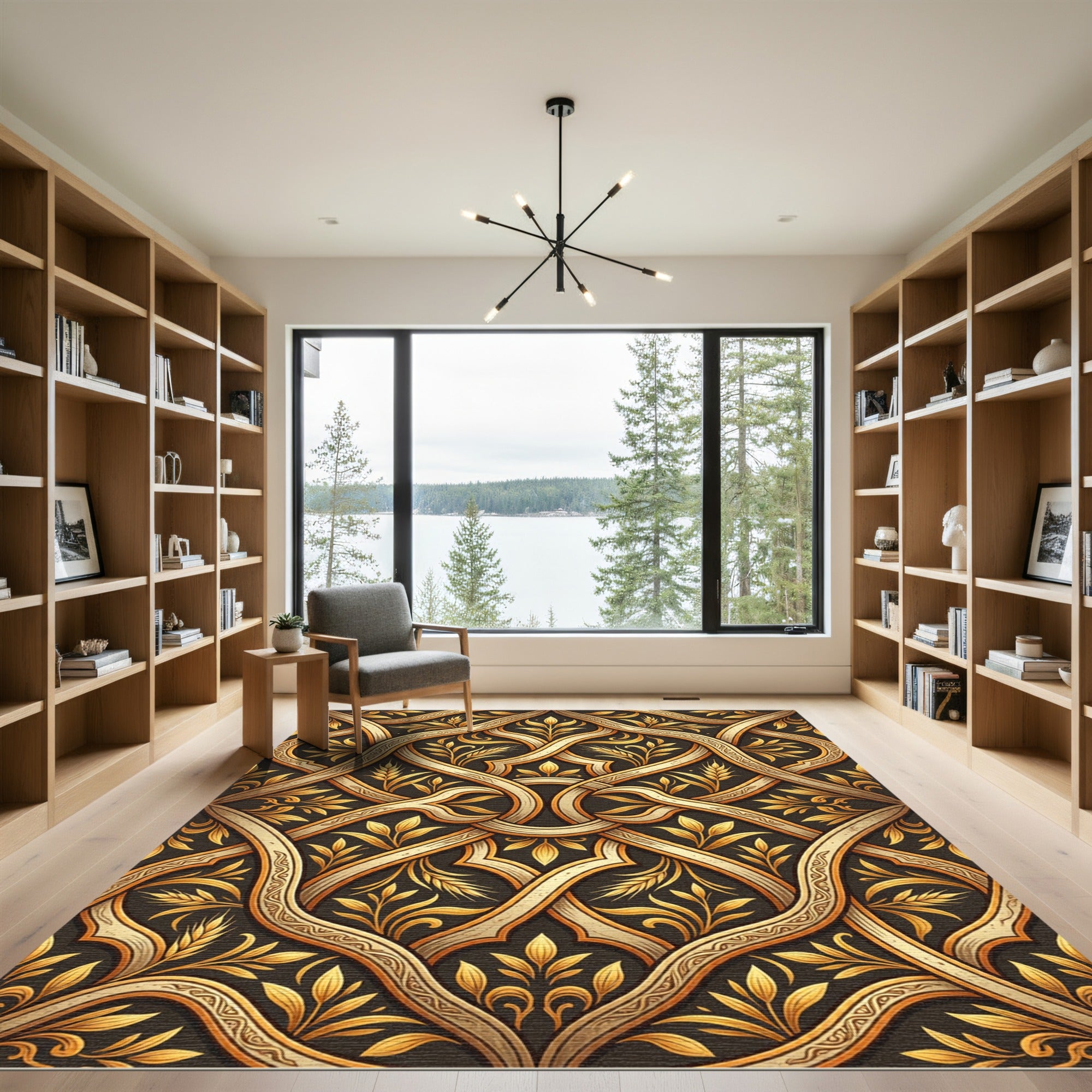 Golden Botanical Intertwined Filigree Scroll Rug