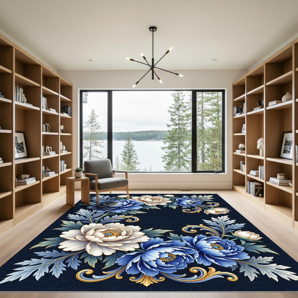 Elegant Blue and Cream Floral Scroll Rug