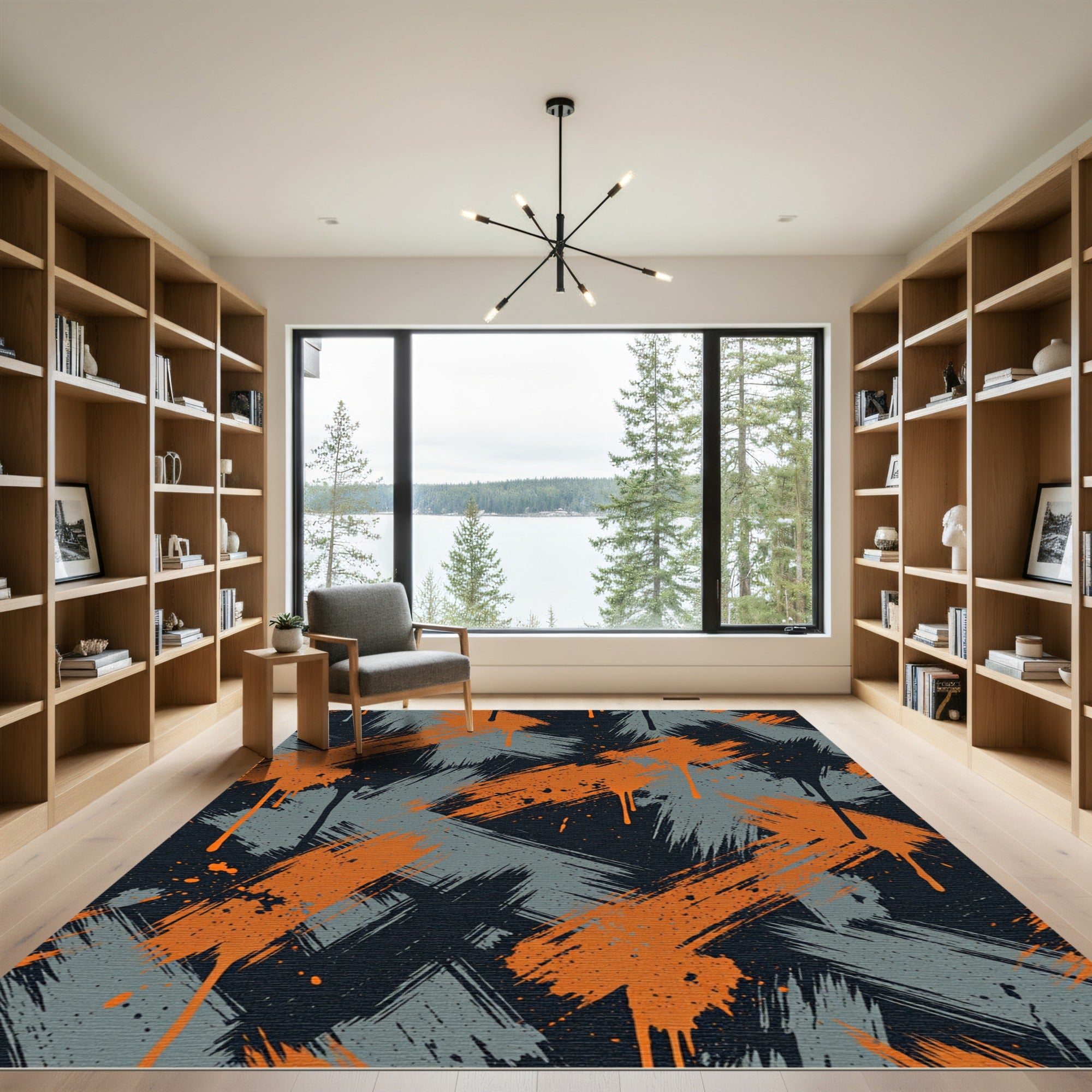 Orange Gray Splattered Brush Strokes Rug