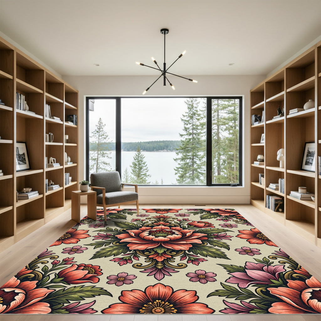 Elegant Coral Rose Damask Botanical Rug