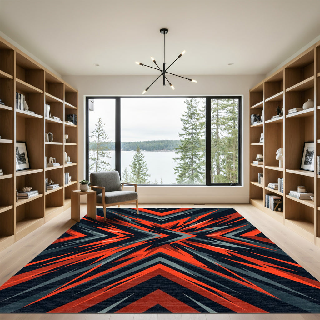 Dynamic Red And Charcoal Angular Abstract Rug