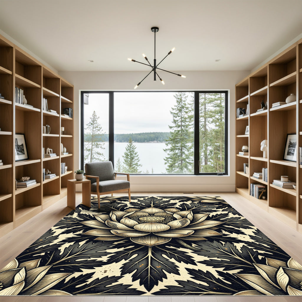 Vintage Black and Gold Lotus Medallion Rug