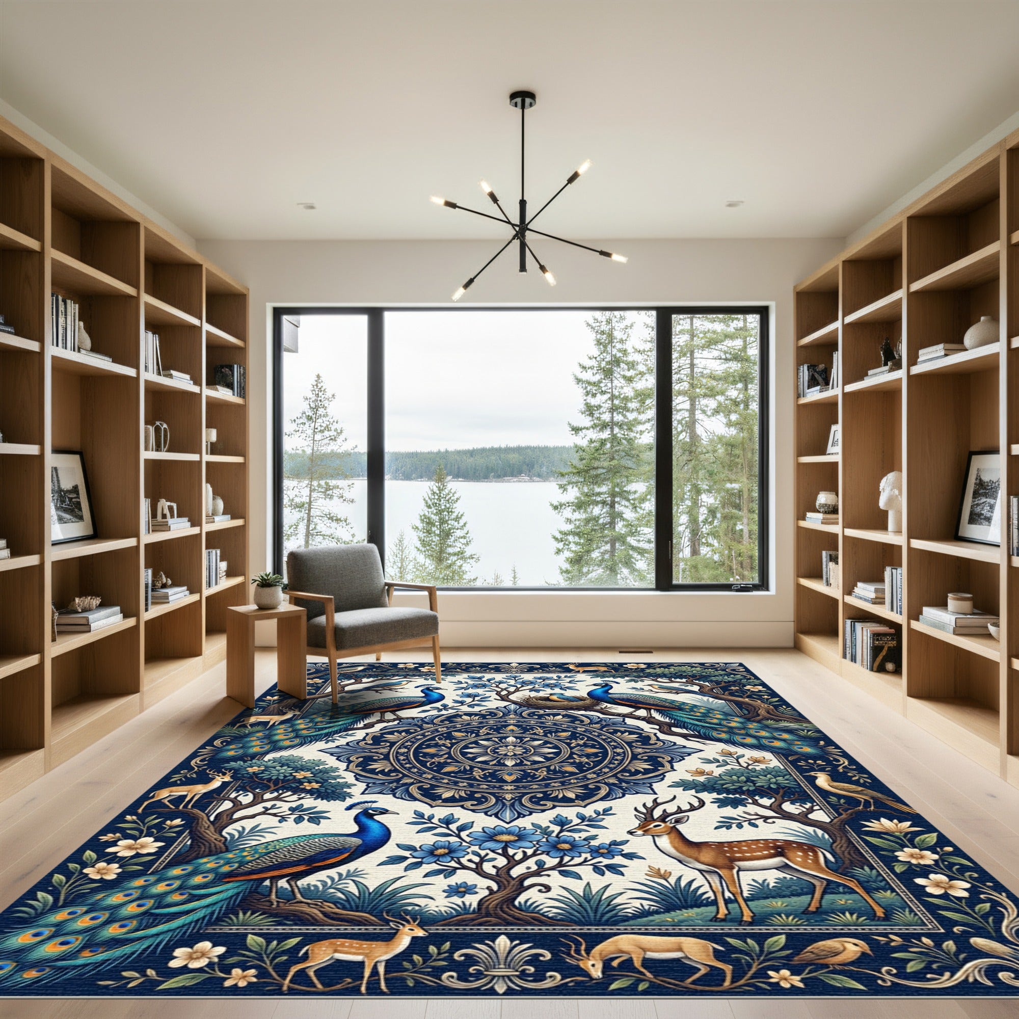 Nature Peacock Deer Floral Landscape Rug