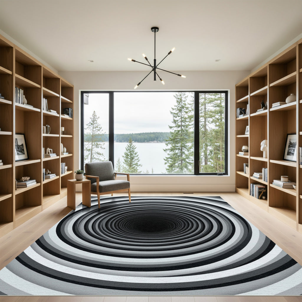 Monochrome Vortex Illusion Circular Art Rug