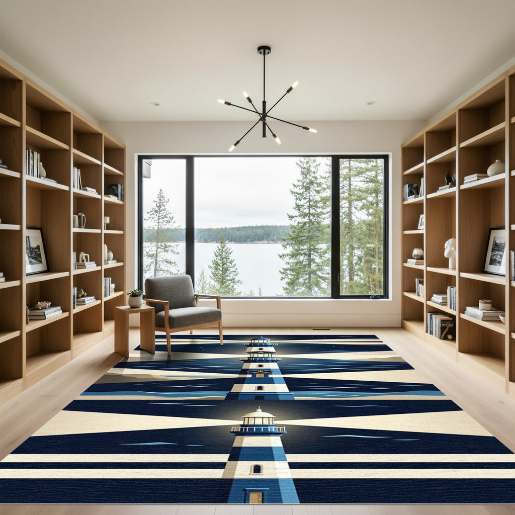 Coastal Navy and White Layered Lighthouse Rug