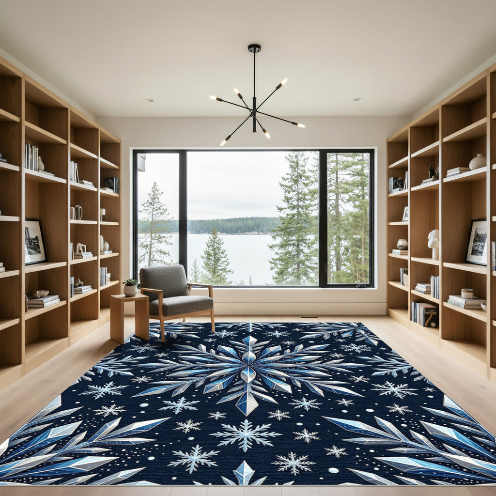 Midnight Blue Shimmering Crystal Snowflake Rug