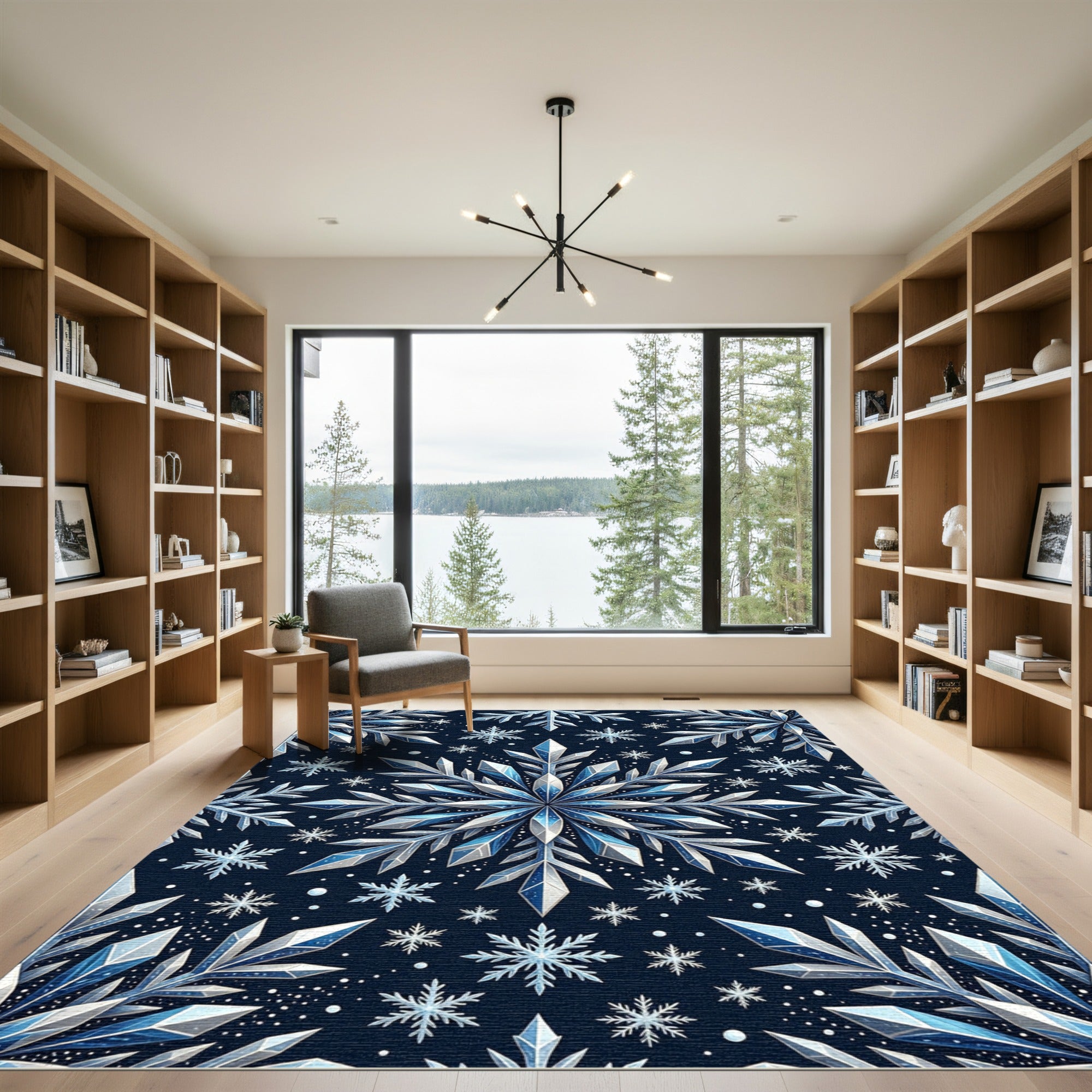 Midnight Blue Shimmering Crystal Snowflake Rug
