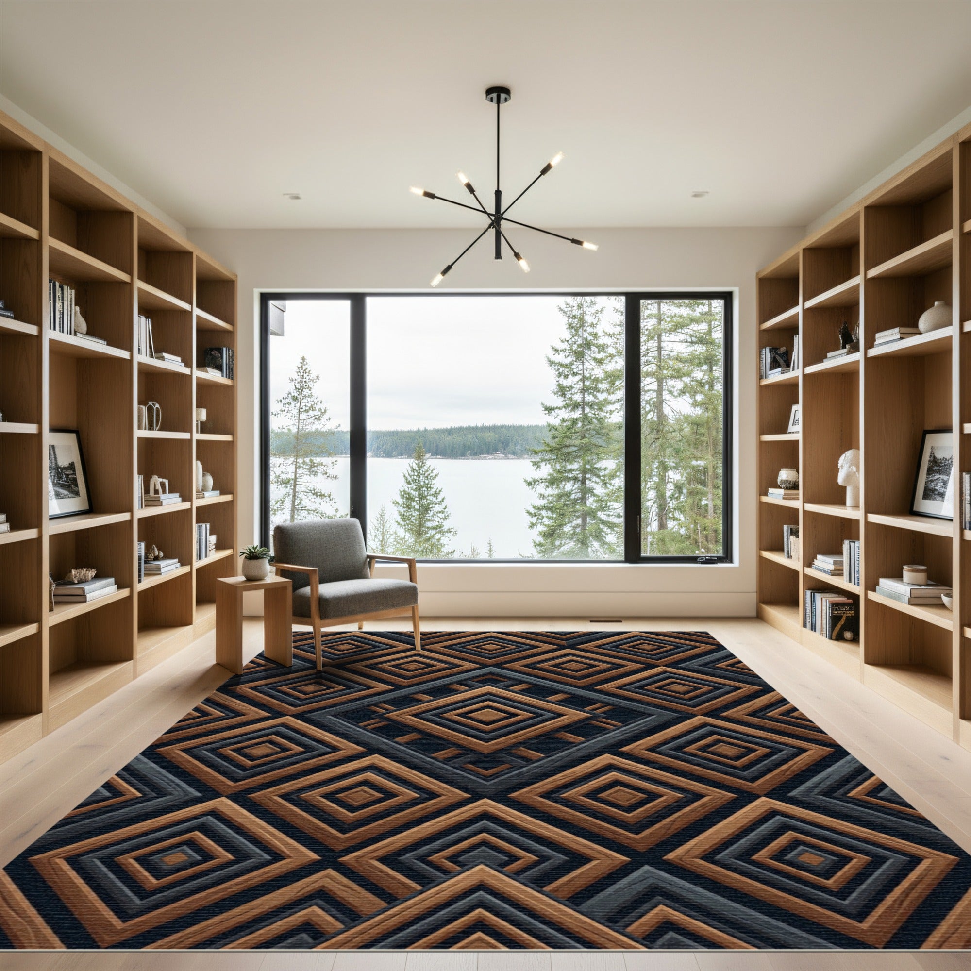 Sophisticated Charcoal and Wood Geometric Diamond Rug