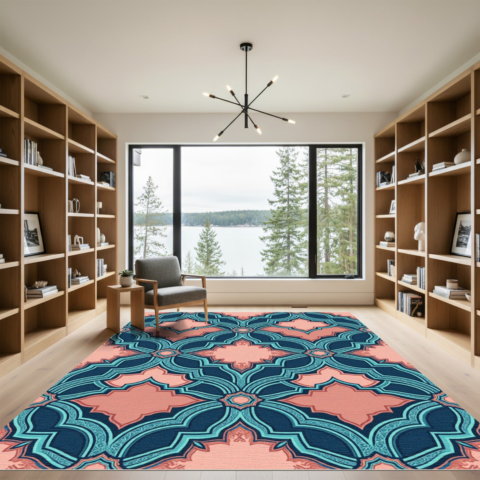 Navy Blue Peach Geometric Lattice Rug