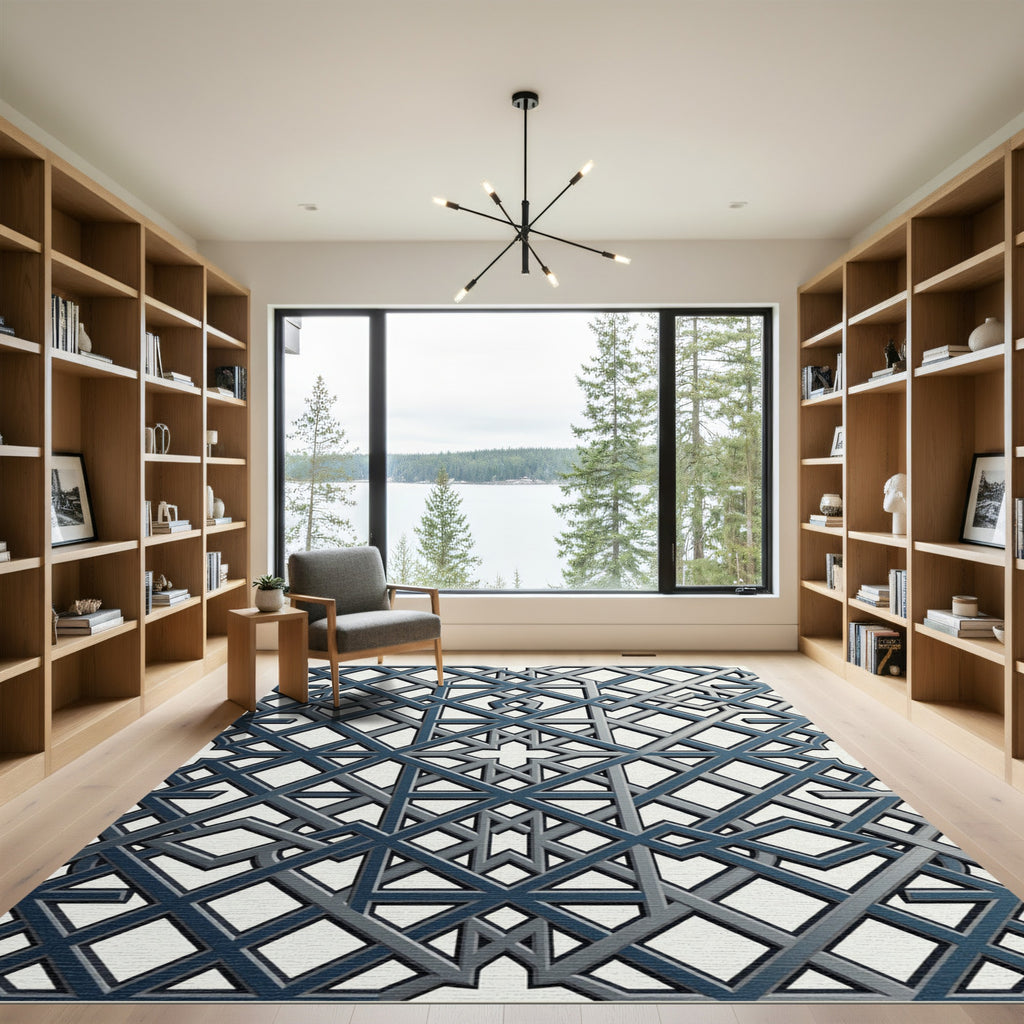 Sophisticated Midnight Geometric Lattice Grid Rug