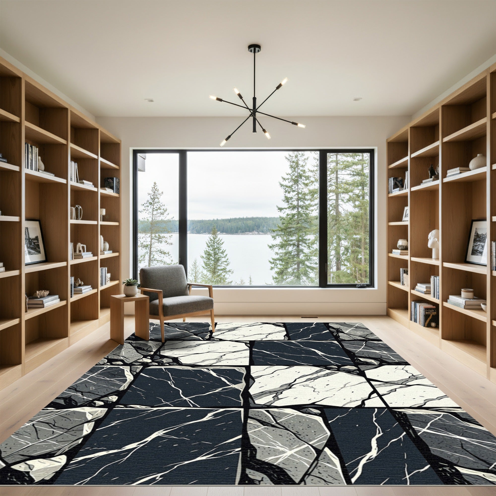 Monochrome Geometric Cracked Stone Mosaic Rug
