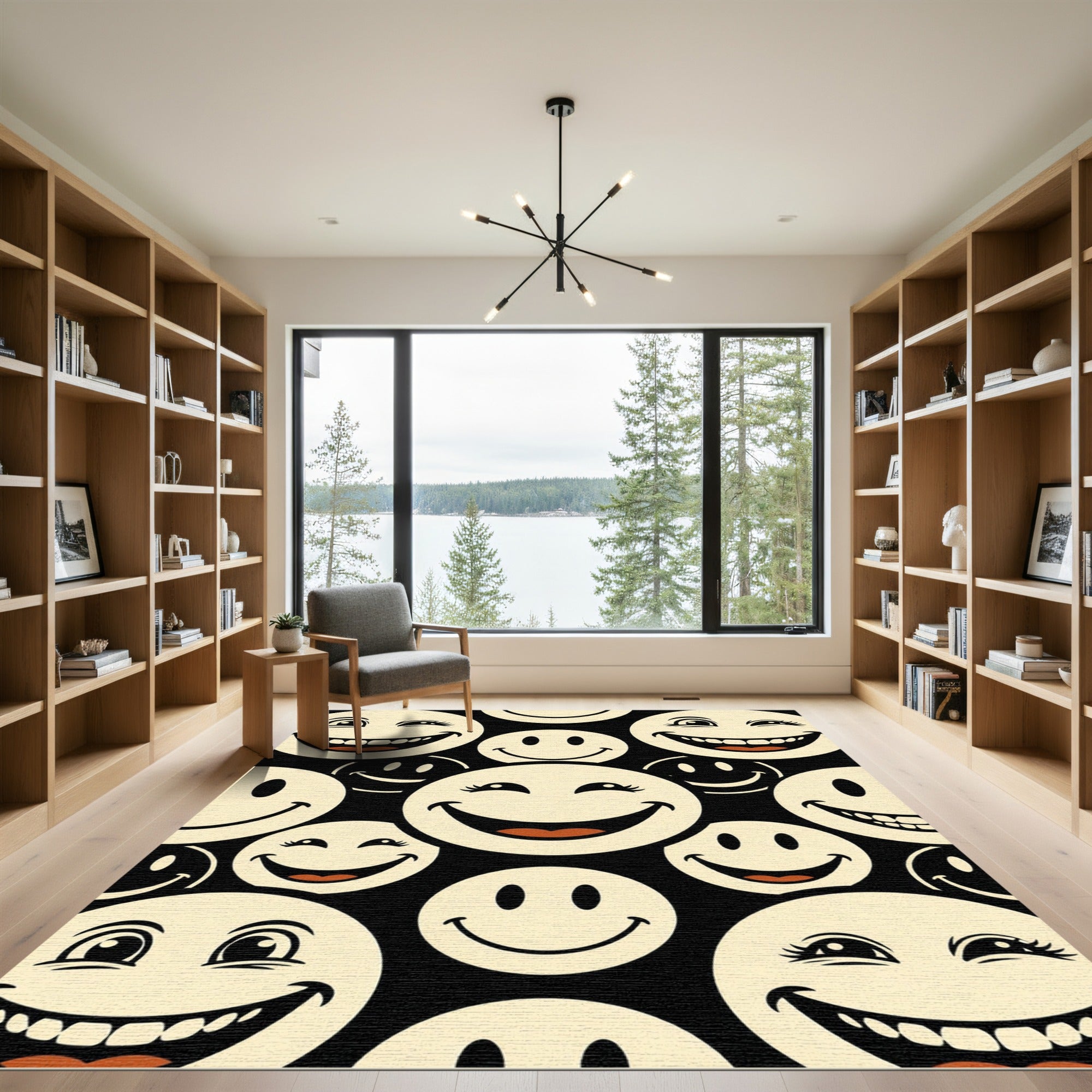 Retro Black and Cream Smiling Faces Rug