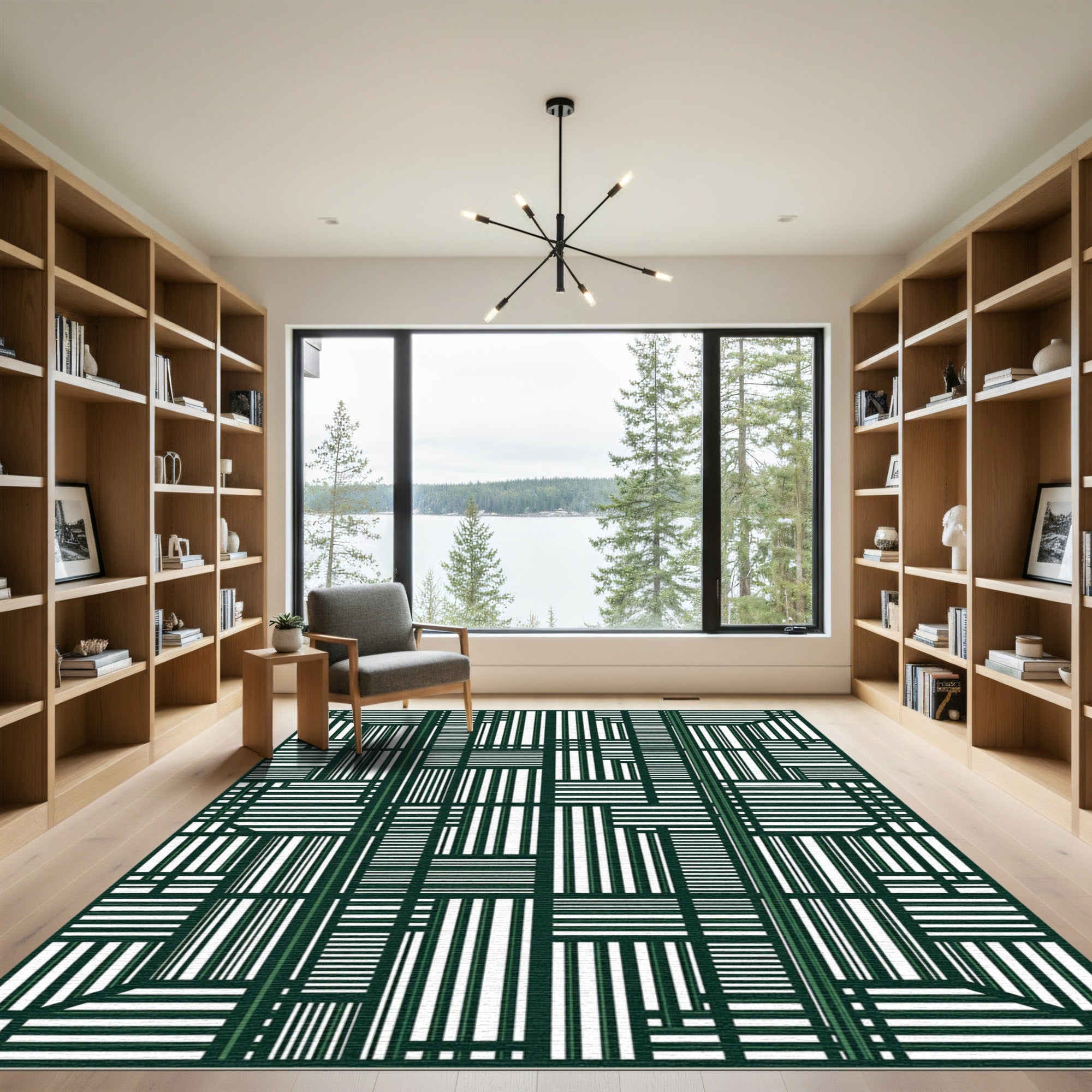 Deep Green Geometric Architectural Blocks Rug