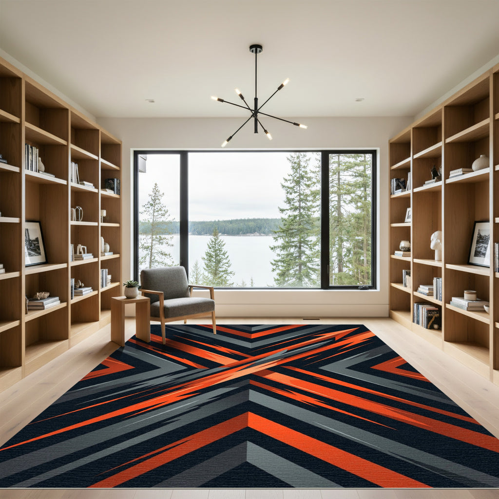 Bold Orange and Charcoal Geometric Arrow Rug