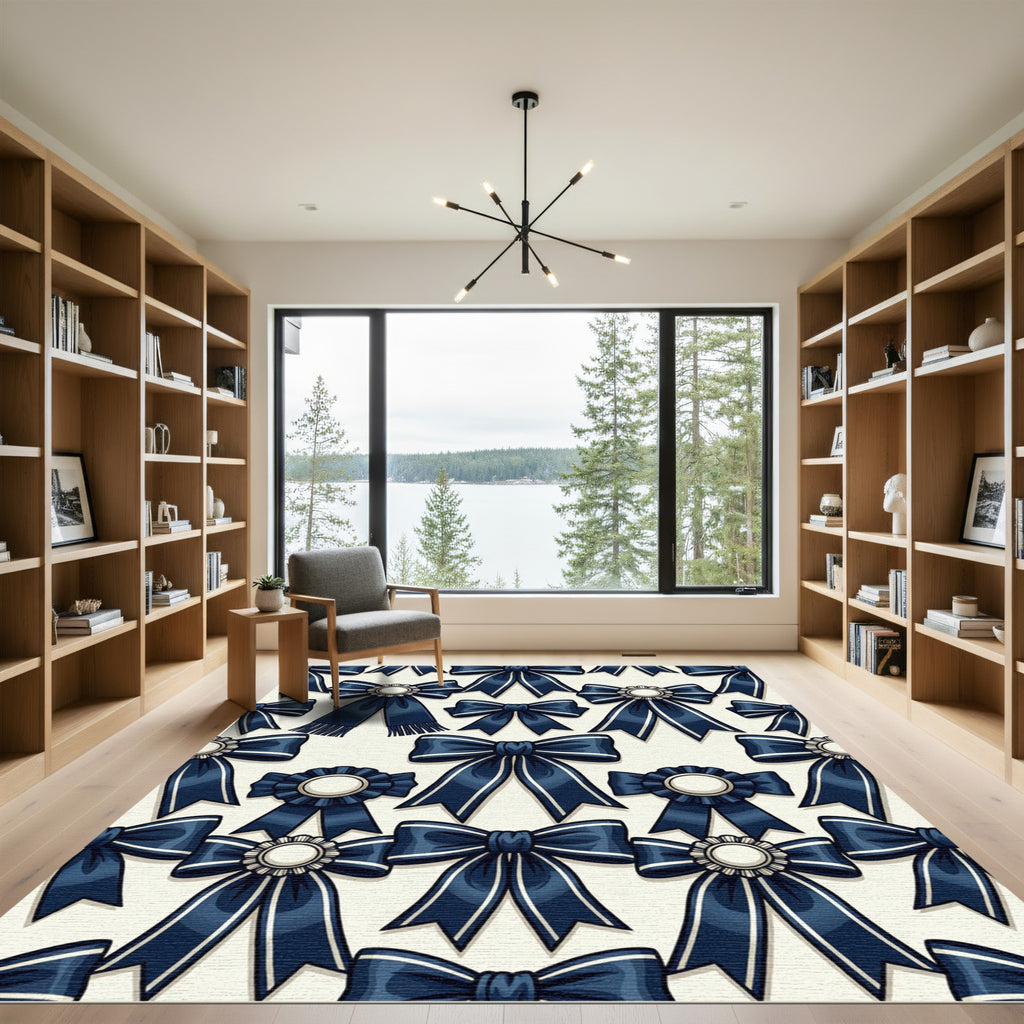 Navy Ribbon Bows and Rosette Medallions Rug