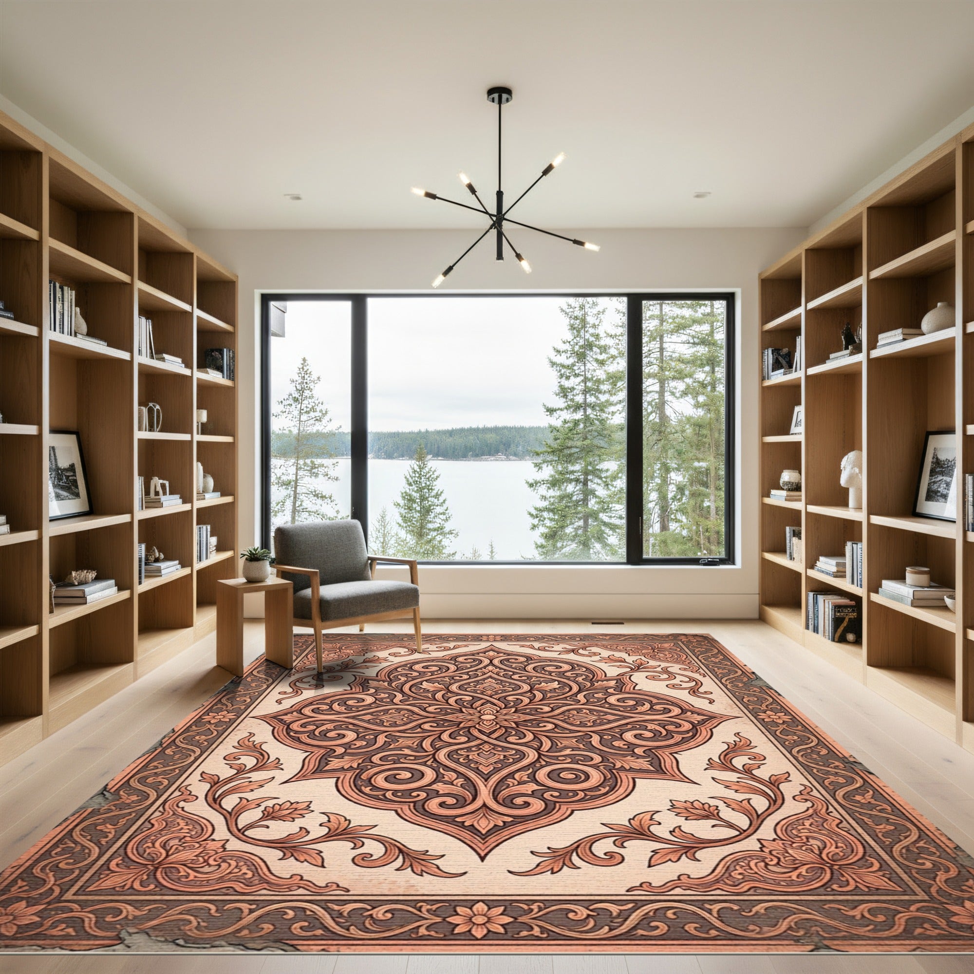 Ornate Copper Floral Damask Scrollwork Rug