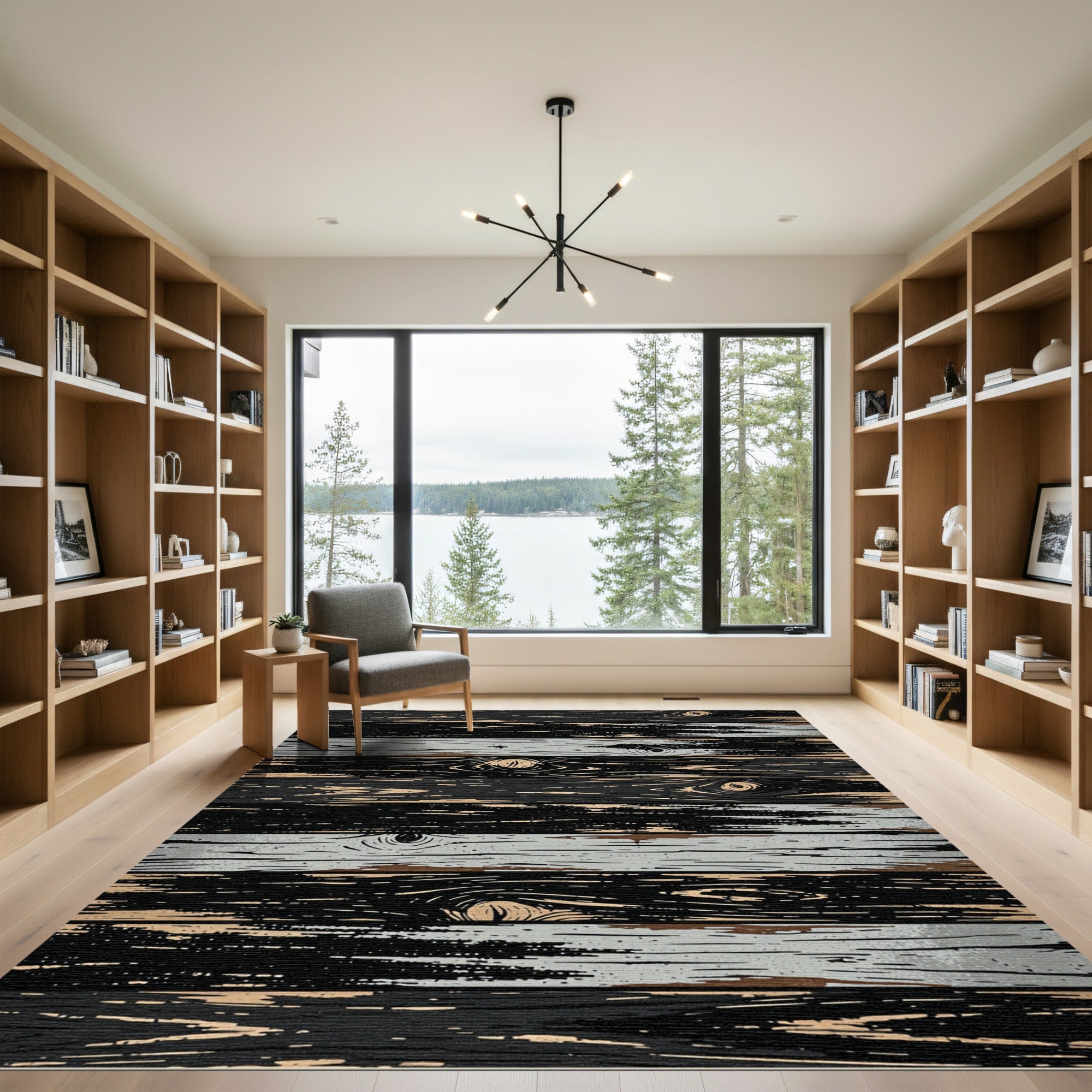 Distressed Black Wood Grain Stripes Rug