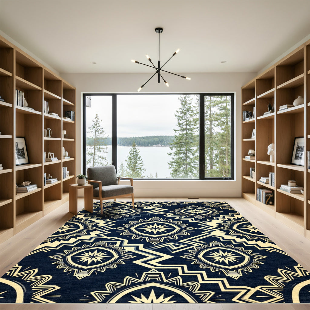 Midnight Navy Geometric Starburst Cream Area Rug
